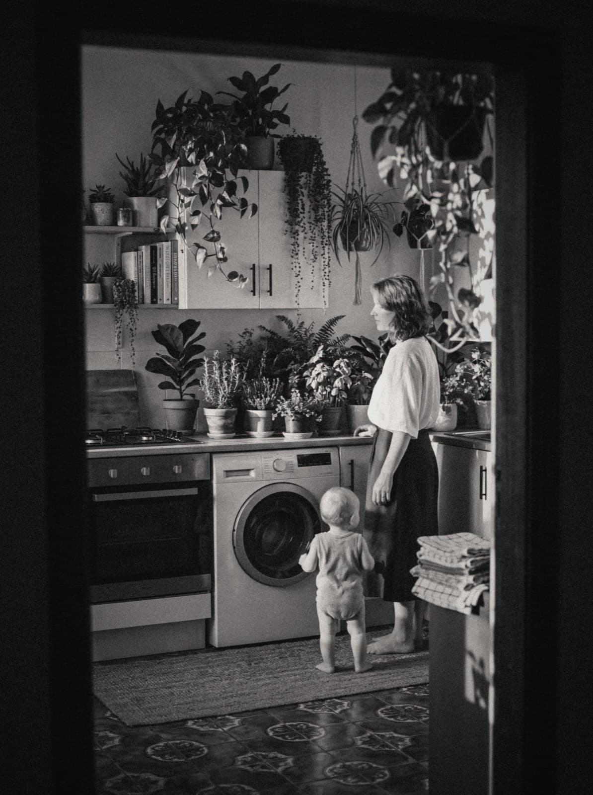 A woman and a toddler in a plant-filled modern kitchen, doing laundry together in soft morning light.