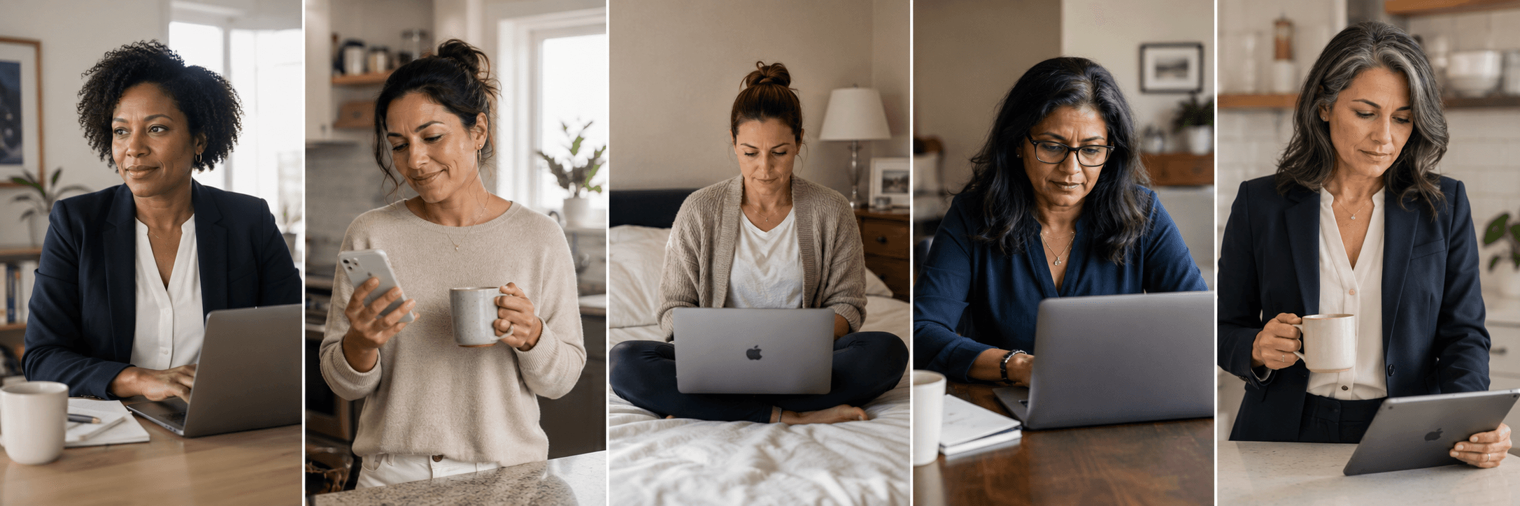 Five different women side by side, each working at a laptop or phone in her own space: one in a blazer at a desk, one in a sweater holding coffee and her phone, one cross-legged on a bed, one in glasses at a dining table, one with silver hair reading a tablet.