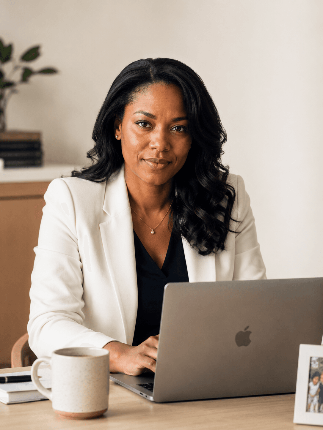 A working mother in a cream blazer sits at her desk with a laptop and a ceramic mug, a family photo on the corner of the desk.