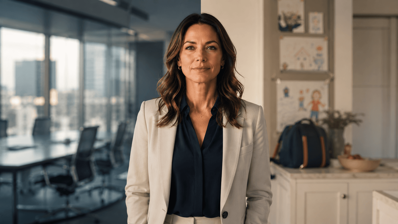 A woman in a tailored blazer standing at the seam between two rooms: a corporate boardroom with a city skyline on one side, a family home with a child's drawings on the wall and a backpack on the other.