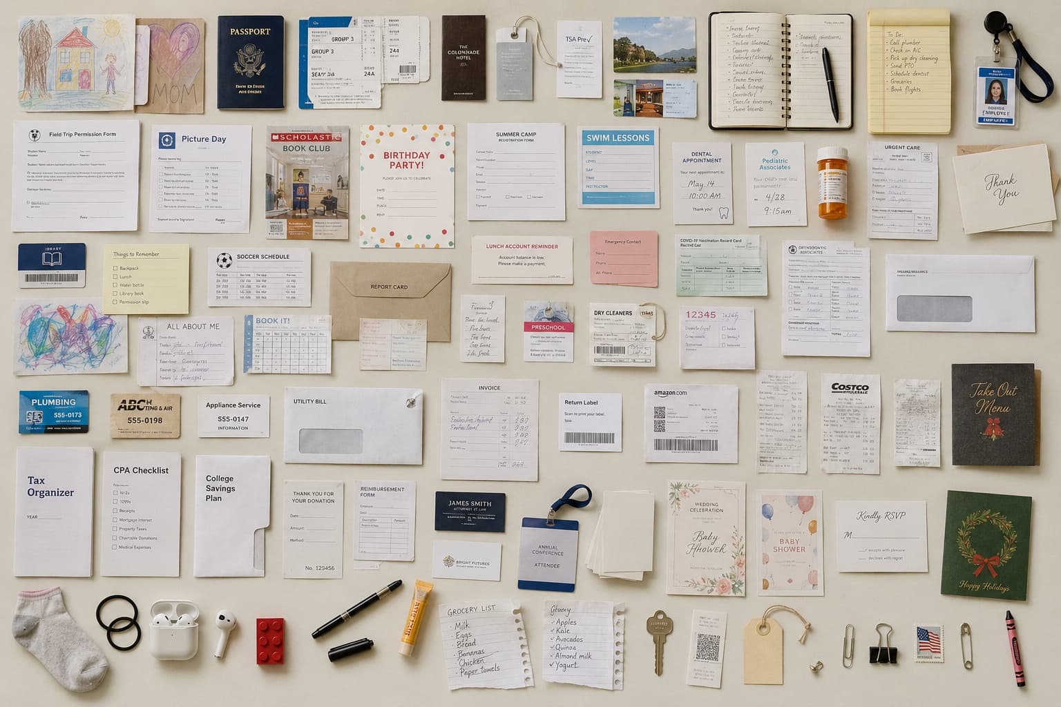 Every piece of paperwork a parent juggles: passports, permission slips, prescriptions, schedules, RSVPs, receipts, kids' drawings