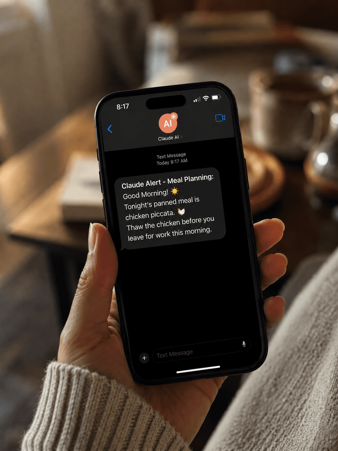 A weekly dinner plan rendered as a short message, each night listing the meal, who eats what, and the prep-ahead step, with a grocery list attached.