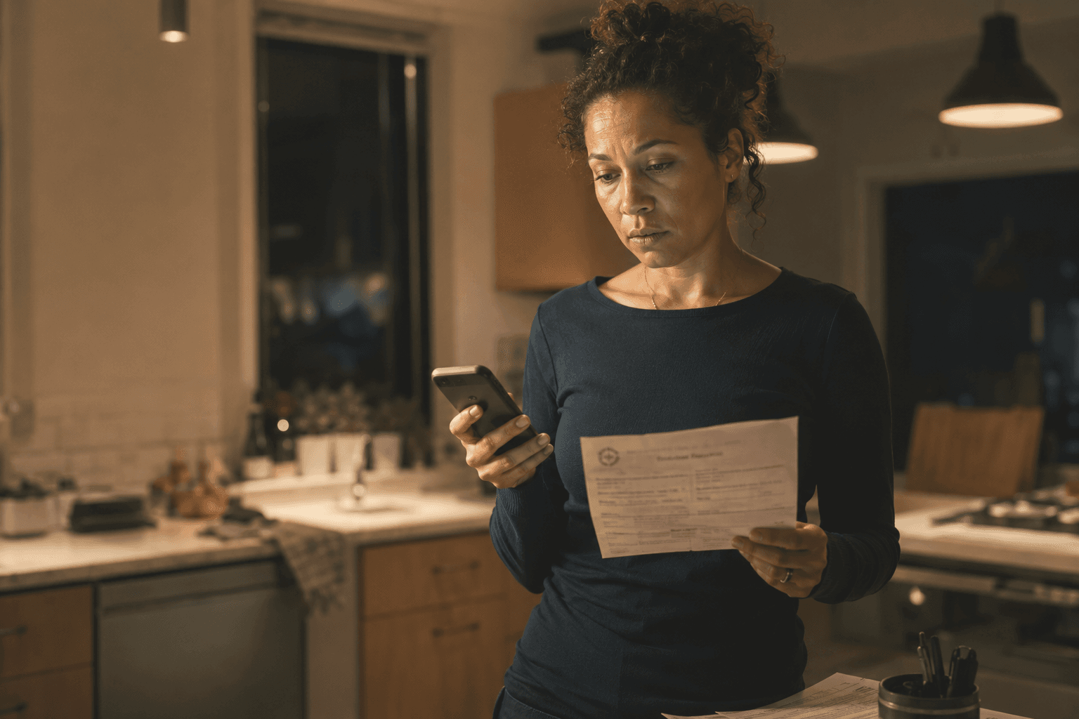 A working mother alone in her dim kitchen at night, holding her phone in one hand and a printed form in the other. The day is over and the admin is still going.