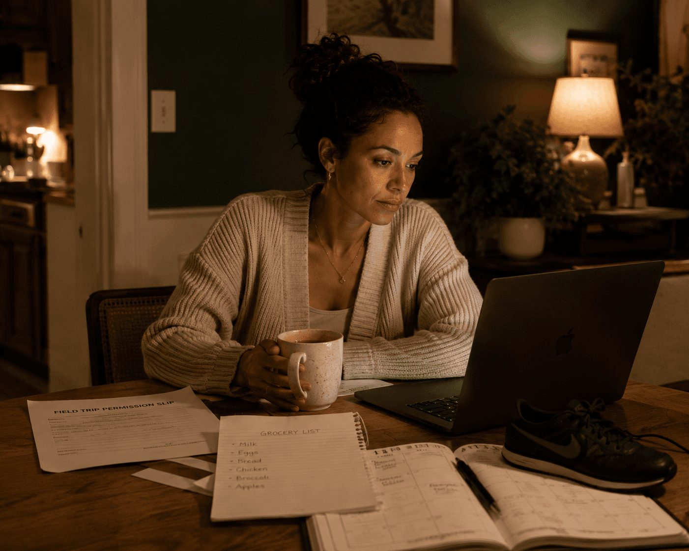 A mother sits alone at her laptop late at night, coffee in hand, surrounded by open planners and papers