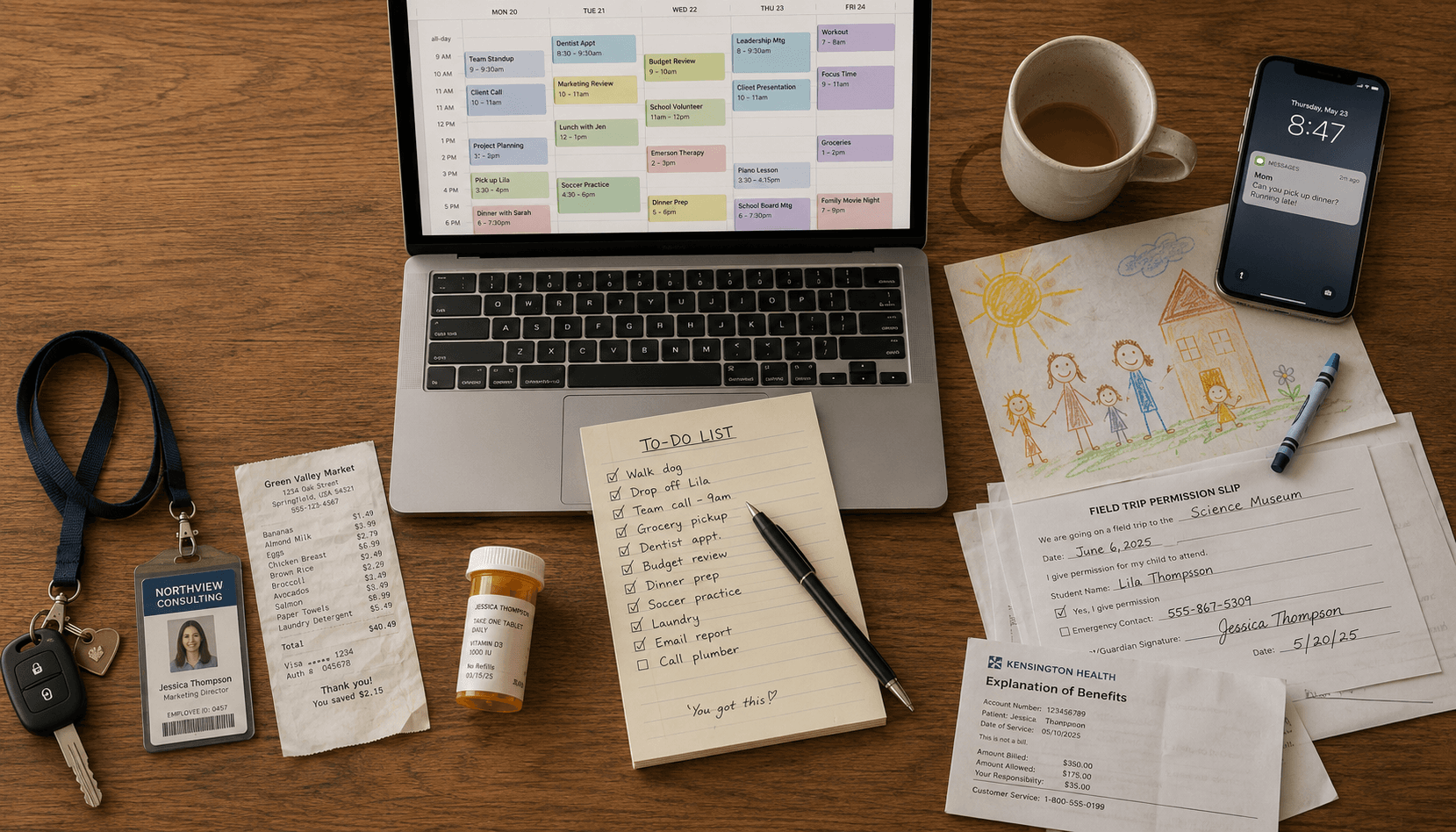 A working mother's desk seen from above. A laptop showing a packed color-coded week, a work ID badge and car keys, a grocery receipt, a prescription bottle, a handwritten to-do list, a field-trip permission slip, an insurance explanation of benefits, a child's crayon drawing, and a phone showing a text that reads can you pick up dinner. Everything she is holding at once.