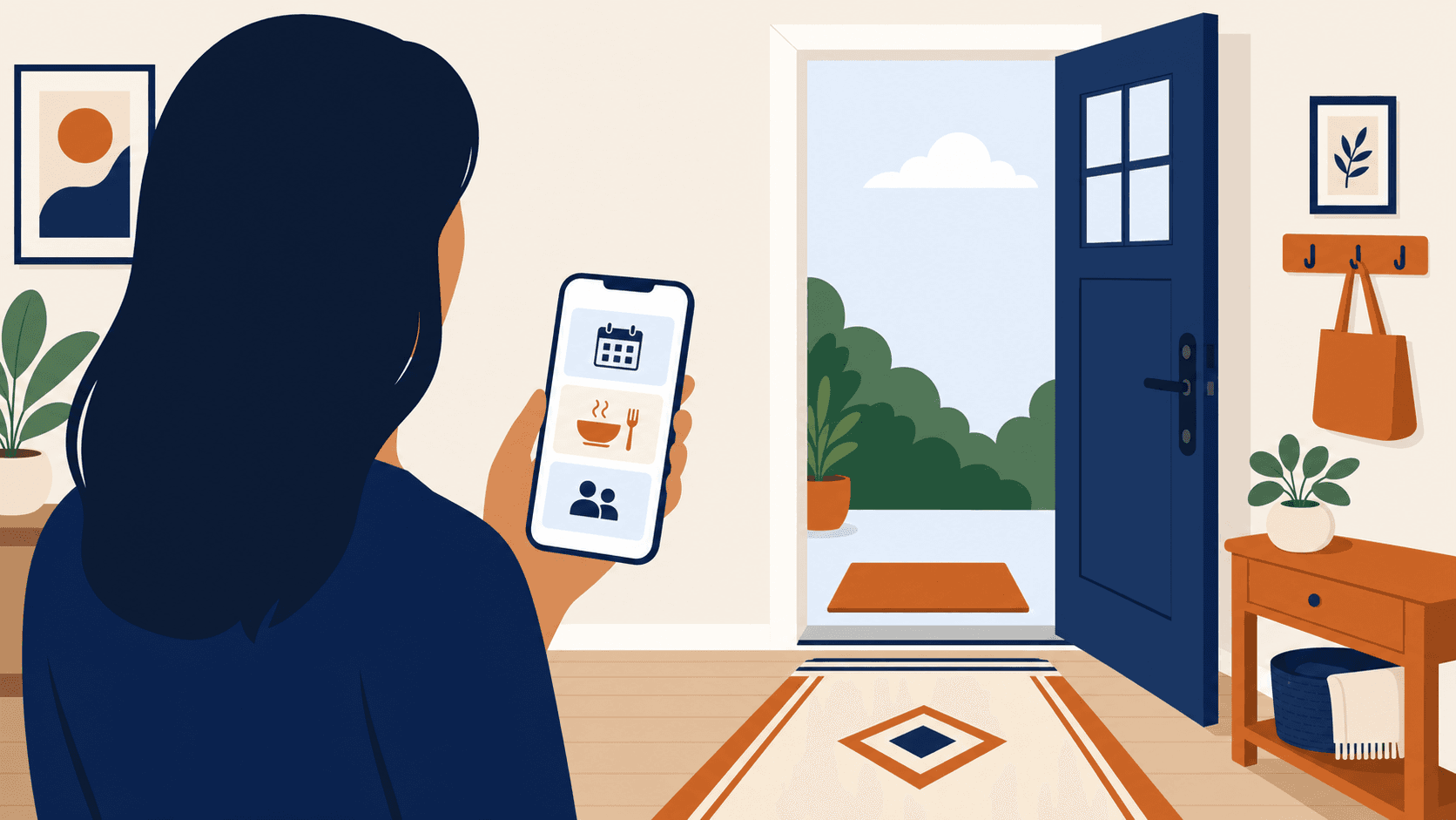 Flat-graphic illustration for Mom the Nurse: The case manager. The aging parent. The chart.