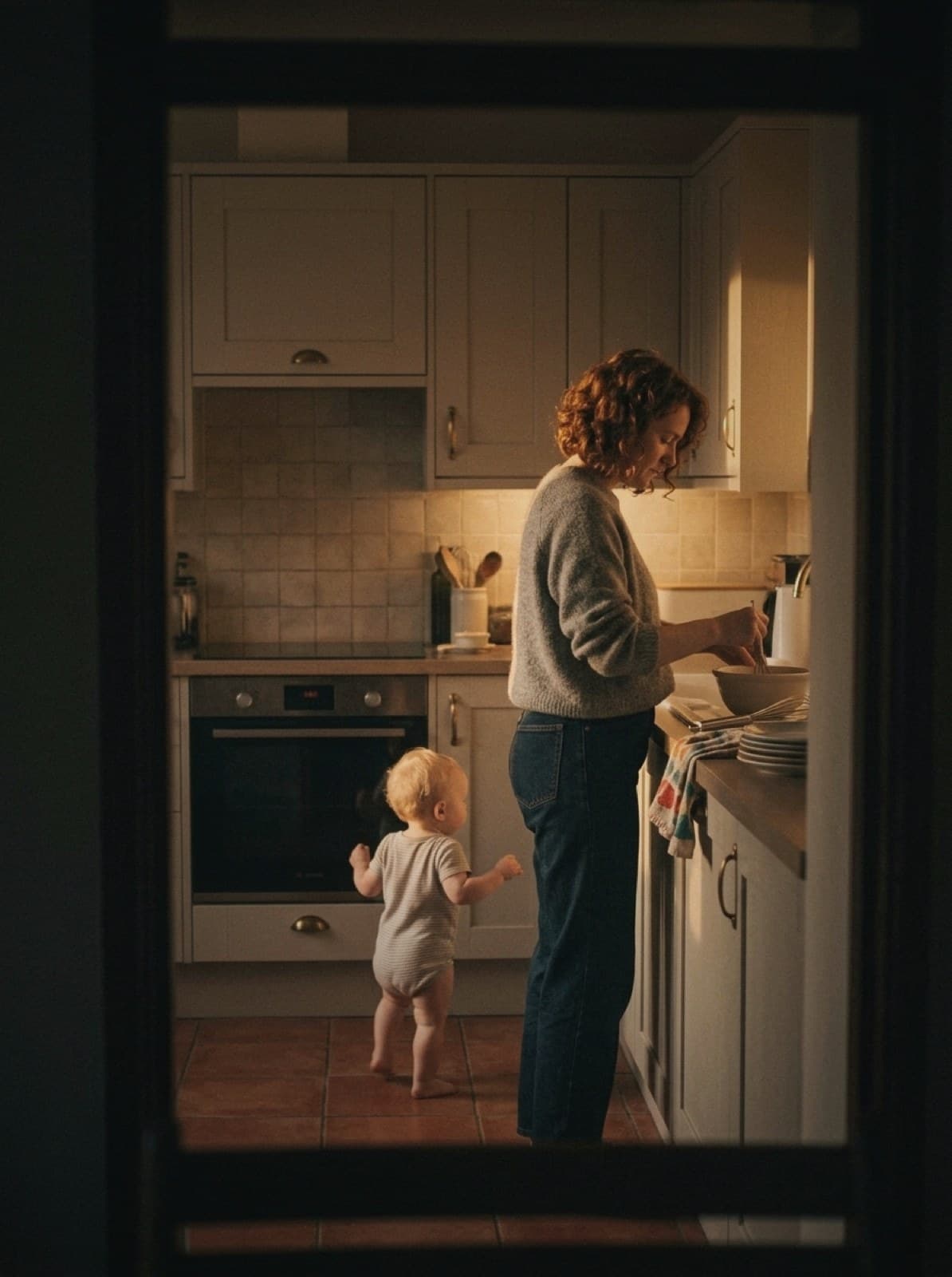 A mother and toddler stand together in a warm kitchen at golden hour, the counter lit by late sun.