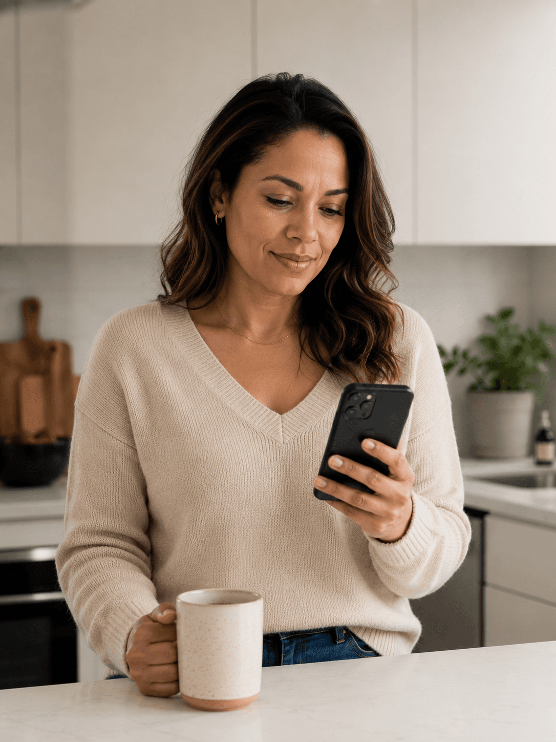 A mother in a soft sweater stands at her kitchen counter, mug in one hand, phone in the other, reading something that just landed.