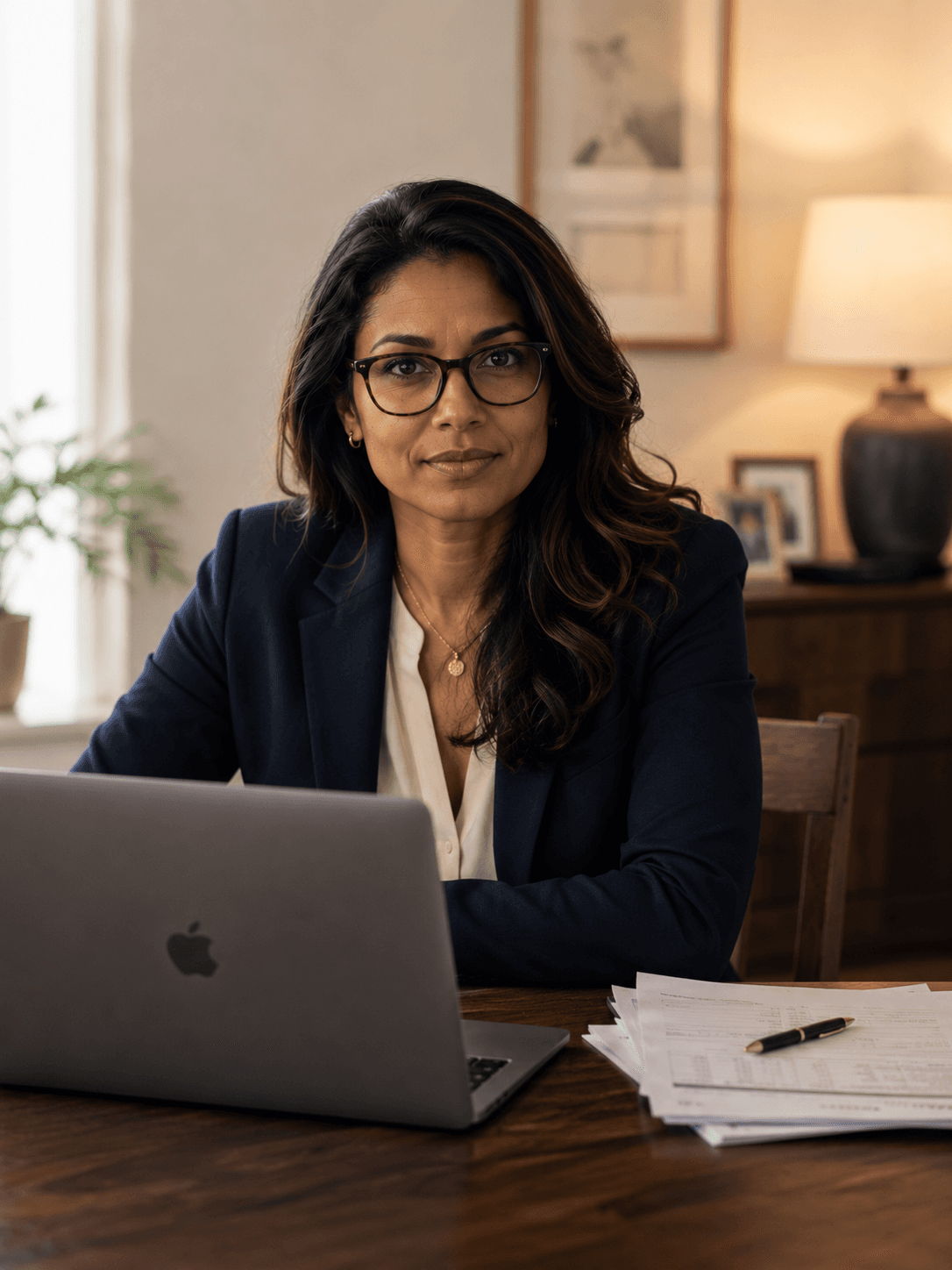 A mother in a navy blazer and glasses works at a wooden desk, laptop open, a stack of papers and pen at her right hand.