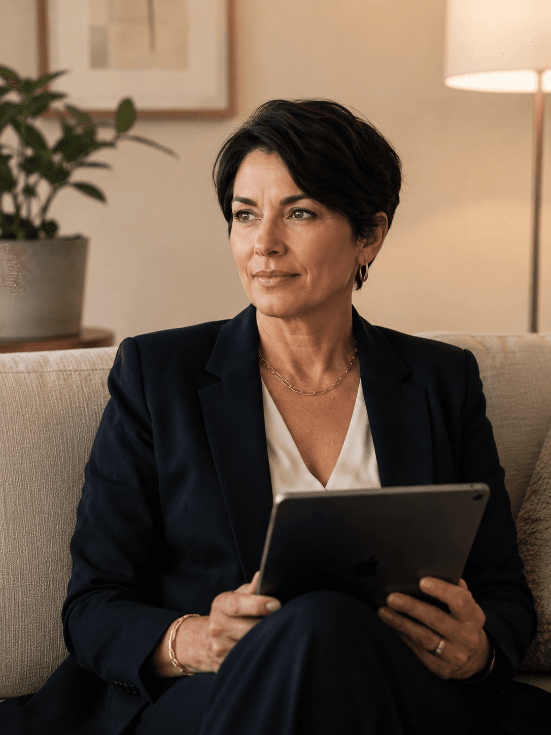 A mother in a navy blazer sits on her couch with a tablet, the room warm and lamp-lit, considering what comes next.