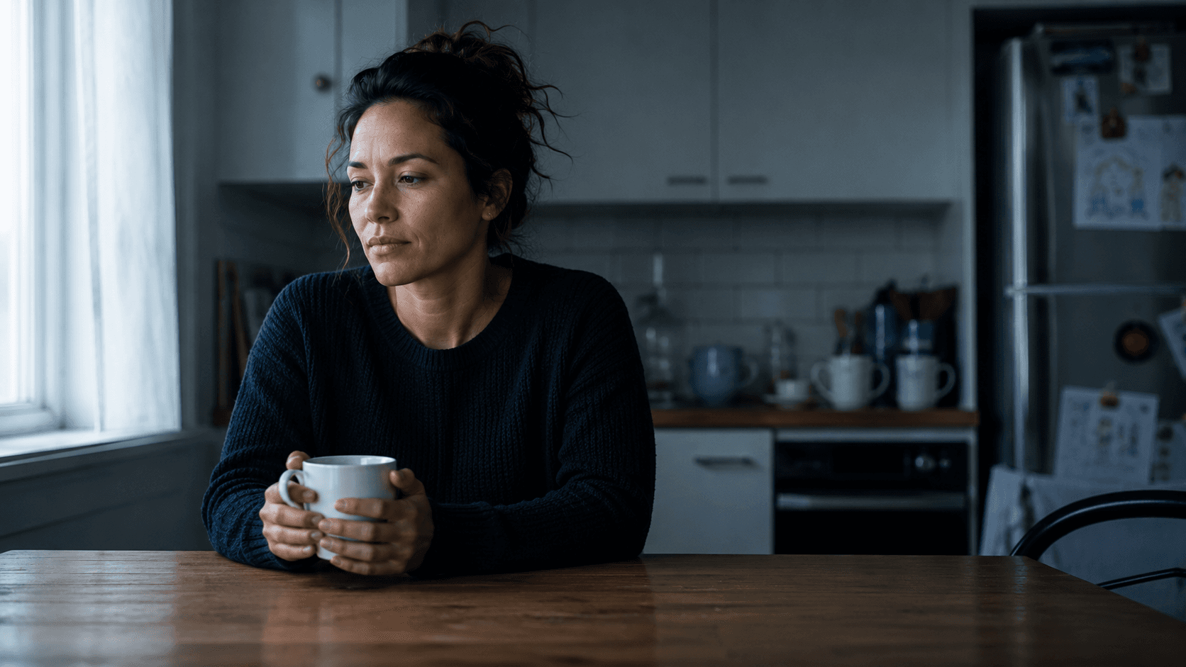 A working mother sits alone at her kitchen table at first light, both hands around a coffee mug, her face turned toward the window. The day is still going inside her head.
