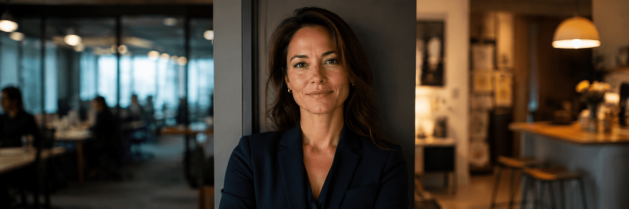 A working mother in a navy blazer leans against a doorway between two worlds. To one side, an open-plan office where her team works. To the other, the warm kitchen lights of home. She is steady in both.