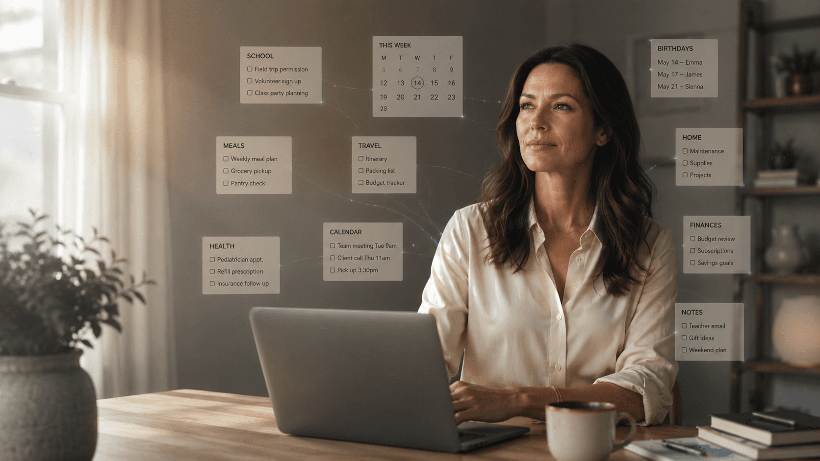 A working mother at her laptop. Floating around her are the categories of family life finally organized into a system: school, meals, travel, calendar, health, home, finances, birthdays, notes. The household, running on a real architecture instead of her memory.
