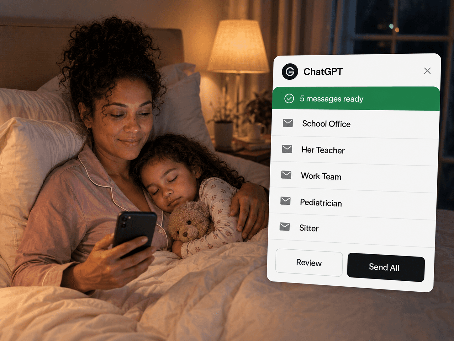 A mother in bed beside her sleeping daughter holding a teddy bear, looking at her phone. A ChatGPT panel shows five messages ready to the school office, her teacher, her work team, the pediatrician, and the sitter, with a Send All button.