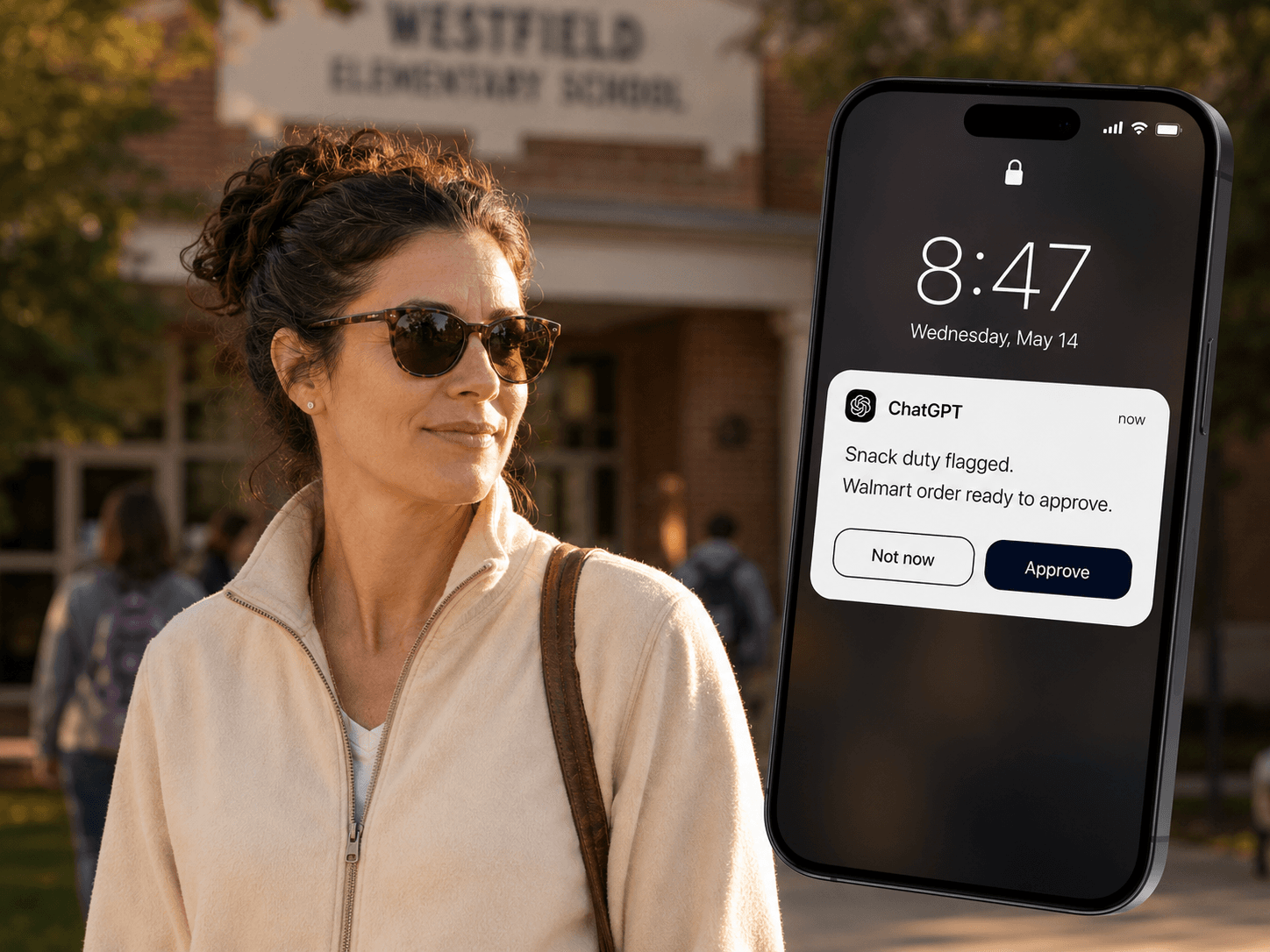 A mother in sunglasses outside Westfield Elementary School. Her phone shows a ChatGPT notification that snack duty was flagged, with a Walmart order ready to approve.