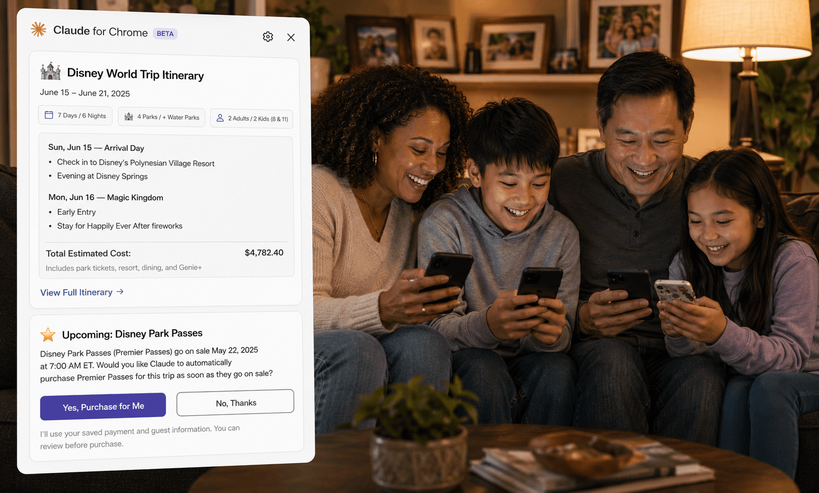 A family of four sitting close together on a couch smiling at their phones. A Claude panel on the left shows a Disney World trip itinerary with park-day breakdowns, total estimated cost, and a one-tap prompt to upgrade to Premier Passes once they go on sale.