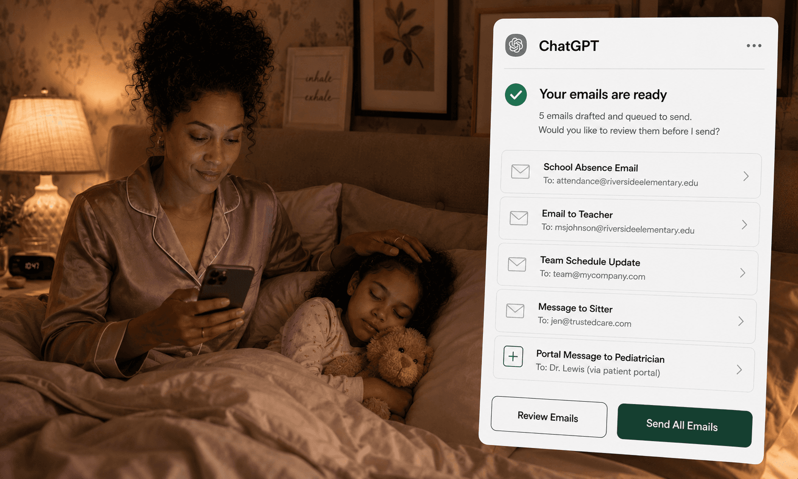 Mother in pajamas in bed beside her sleeping daughter, holding her phone. A ChatGPT panel shows five emails drafted and queued: school absence, teacher, work team about going remote, sitter, and a portal message to the pediatrician.