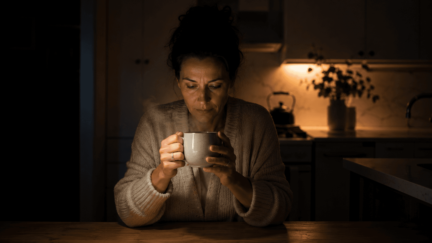 A tired mother standing alone in her kitchen, holding a mug with both hands, the morning's logistics already running behind her eyes.