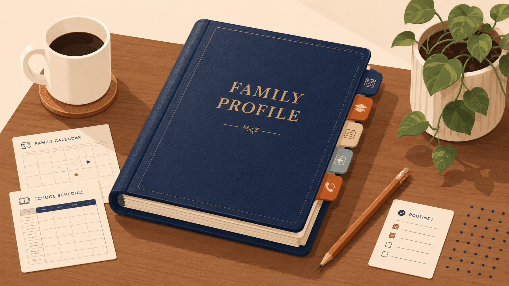 A navy Family Profile binder embossed in gold sitting on a warm wooden table with a coffee mug and a potted plant beside it.