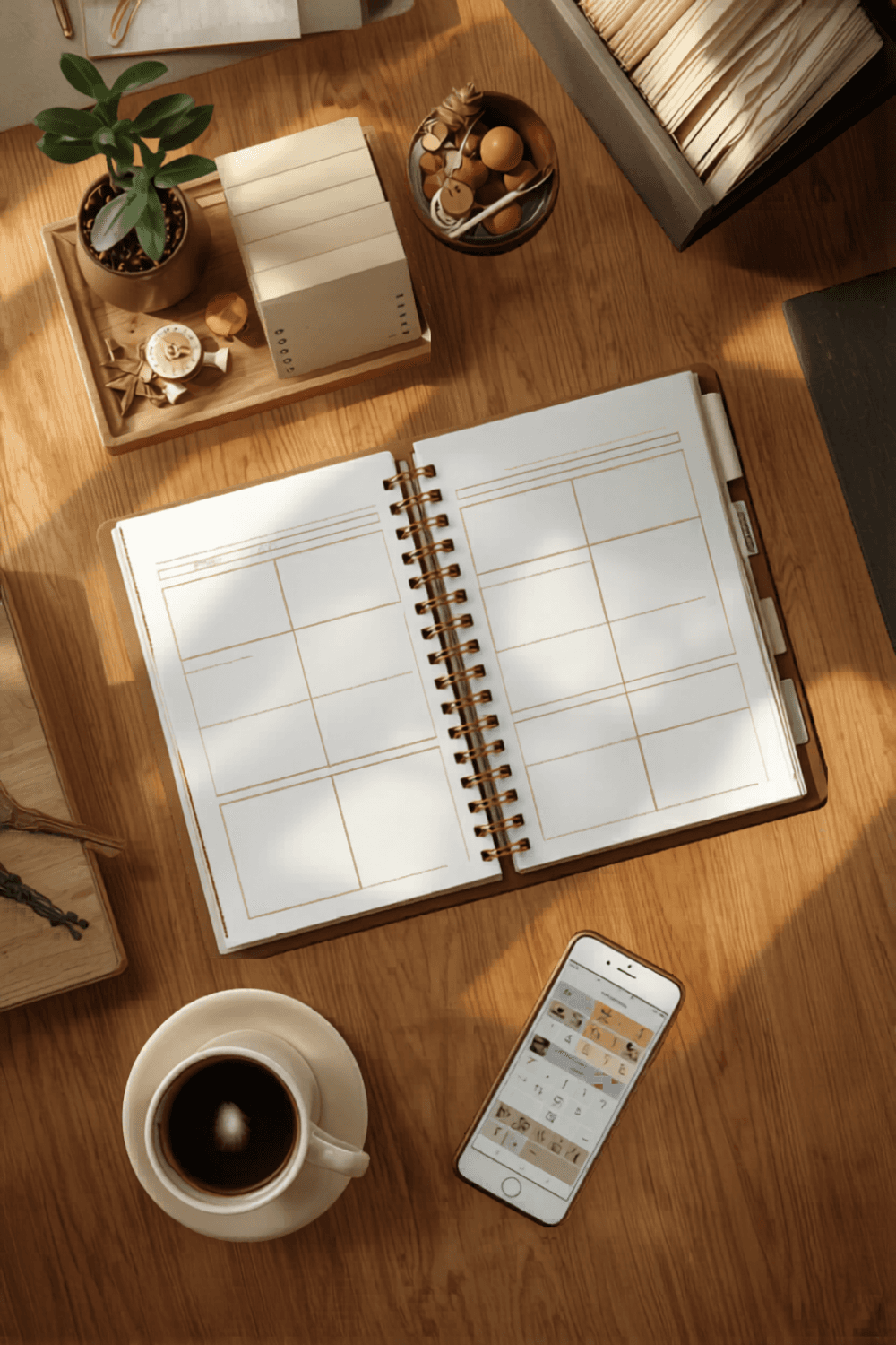 A weekly planner open on a wooden desk, a cup of coffee beside it and a phone showing the family's calendar, the quiet command center of a household.